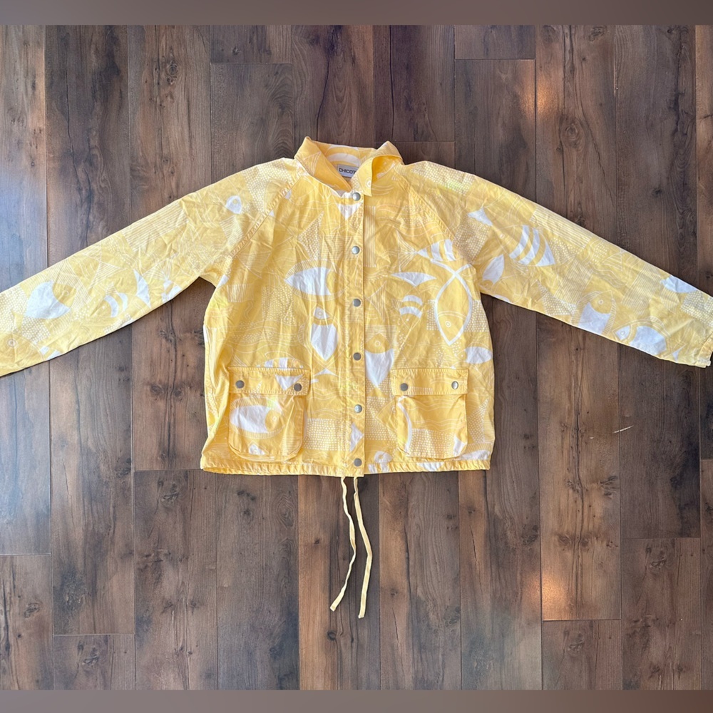Chico’s Yellow Fish Print Utility Jacket Coastal Resort Snap Front Sz 2
